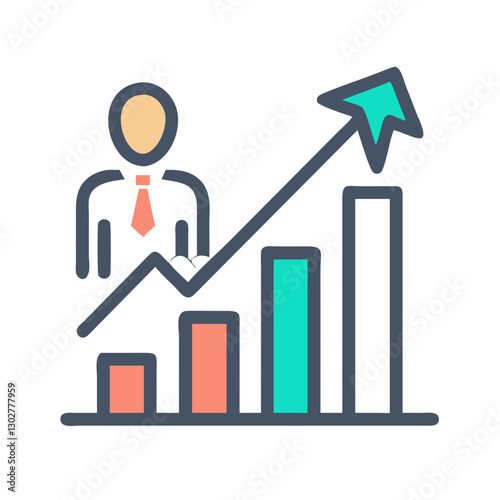Career growth represented through an upward trend in bar graphs and a professional figure symbolizing progress and success in business