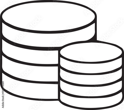Database icon, simple outline drawing, cylindrical shapes, stacked disks, data storage symbol, minimalist design, black and white illustration, technology concept