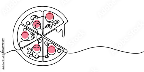 One Continuous Line Drawing of Pizza Icon. Single Line Vector Illustration, Whole traditional pizza in a box one line colored continuous drawing. Traditional italian fast food continuous one line. 