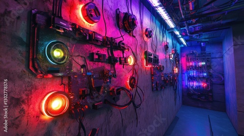Futuristic technological wall with illuminated circuits and wires in a dimly lit corridor