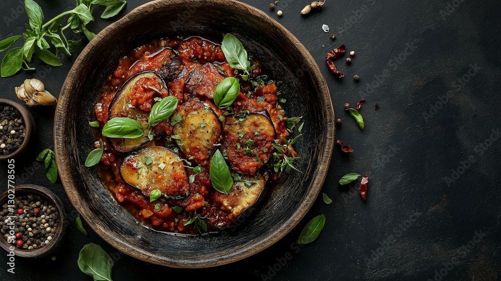 Hearty eggplant casserole with marinara sauce and herb topping Hearty eggplant casserole with marinara sauce and herb topping