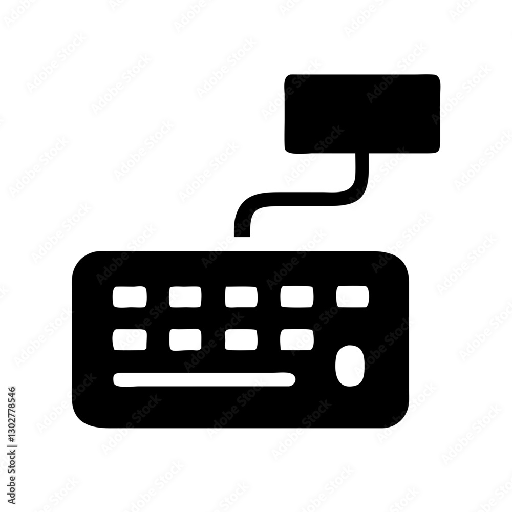 Vector icon representing a computer keyboard with a connected wire, ideal for illustrating digital interfaces and technology concepts in design projects Vector icon representing a computer keyboard with a connected wire, ideal for illustrating digital interfaces and technology concepts in design projects