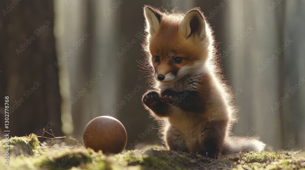 Fototapeta premium Adorable baby fox playing with a wooden ball in a forest setting