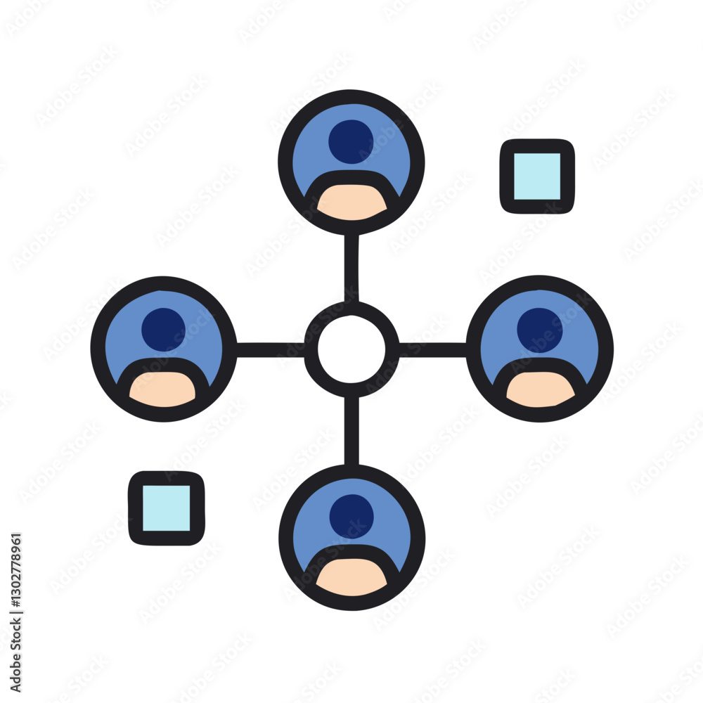 Vector icon representing a network of people connected through a central hub showcasing collaboration and interaction among users