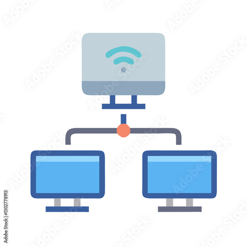 Vector icon illustrating network connection with a router and two connected computers showcasing digital communication