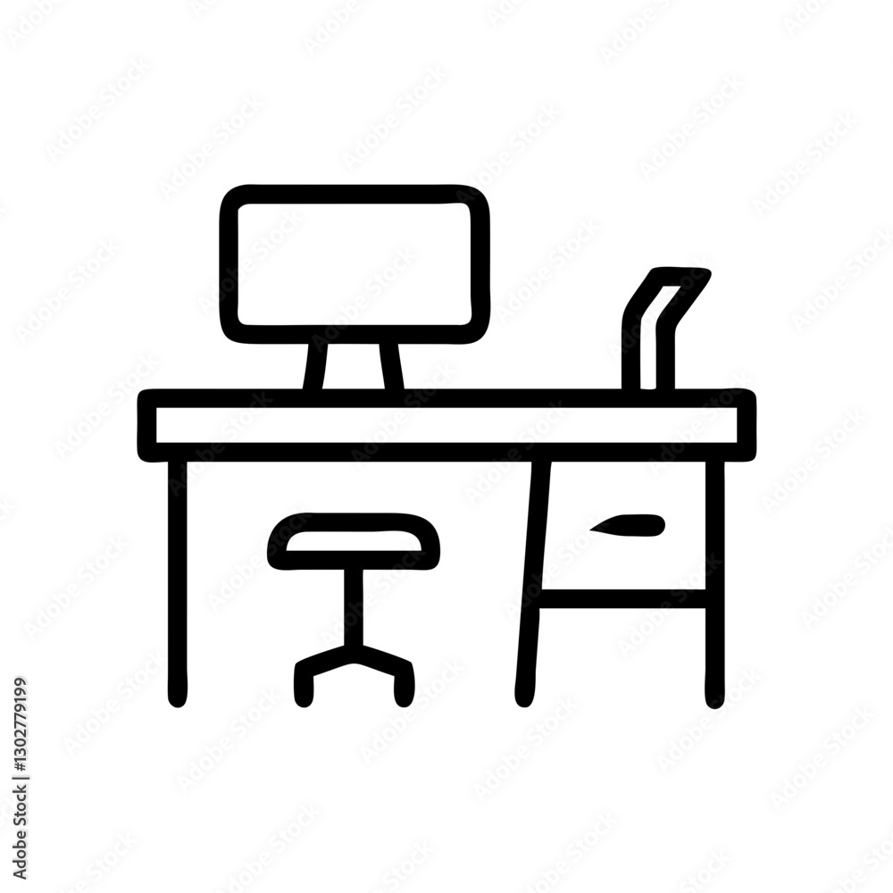 Vector icon of an office desk with a computer and chair showcasing a minimalist workspace design for modern environments Vector icon of an office desk with a computer and chair showcasing a minimalist workspace design for modern environments