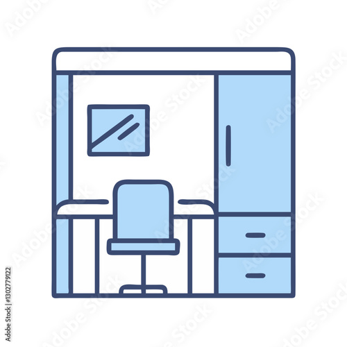Modern office cubicle design featuring a chair, desk, storage, and wall elements in a minimalistic style