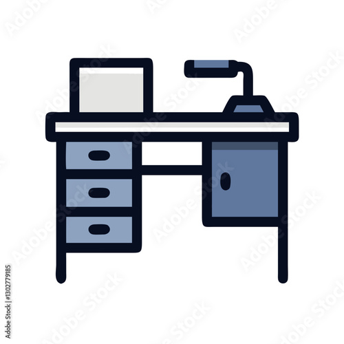 Modern office desk with lamp, computer monitor, and storage drawers designed for a productive workspace