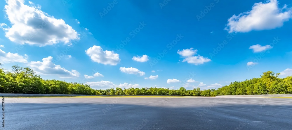 Fototapeta premium Empty Asphalt Road with Lush Trees and a Clear Sky