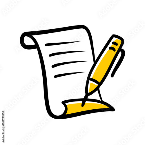 Vector representation of a writing pen poised over a rolled sheet of paper with blank lines awaiting notes or sketches