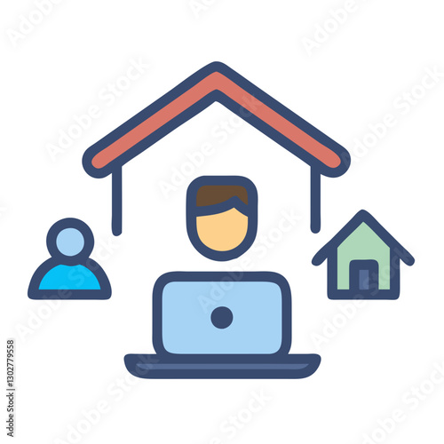Remote work icon illustrating an individual working from home, with a house and a person icon representing collaboration and flexibility in a digital workspace