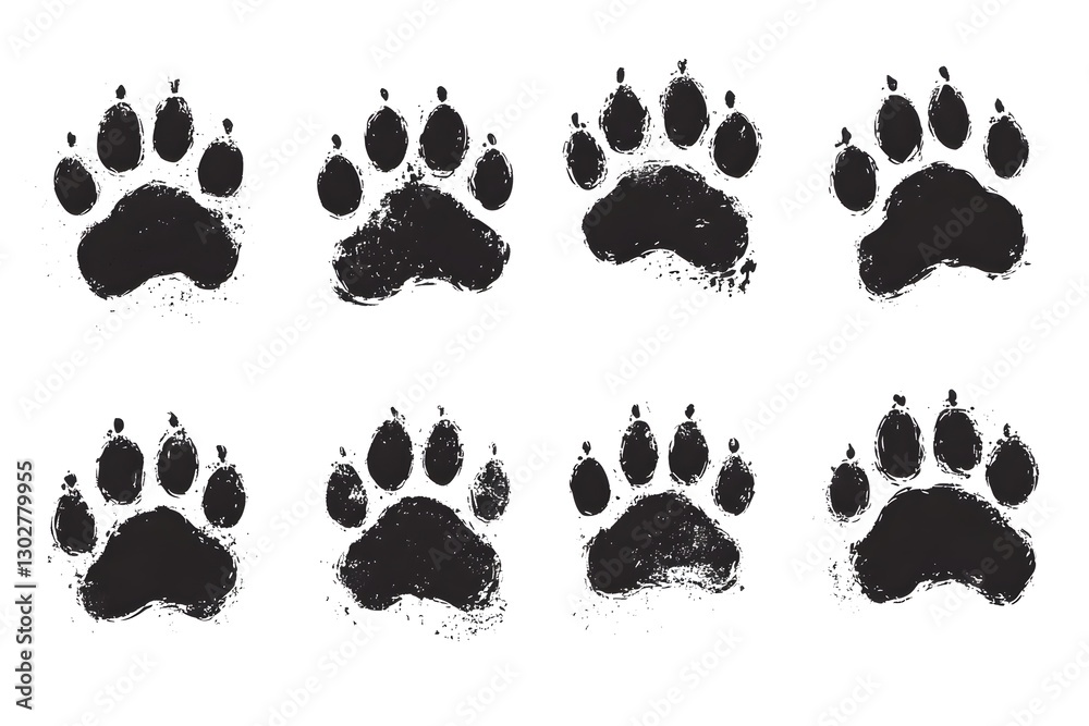 Fototapeta premium Set of Grunge Dog Paw Prints. Black Silhouettes in Ink Style,