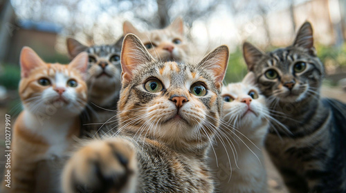 Adorable group of cats posing together cute kittens friendly pets fur meow purr eyes paws tail photo