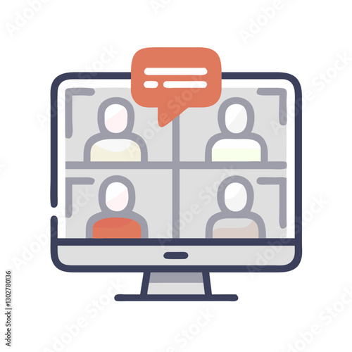 Virtual meeting icon featuring multiple participants engaging in remote conversation on a computer screen in a collaborative setting