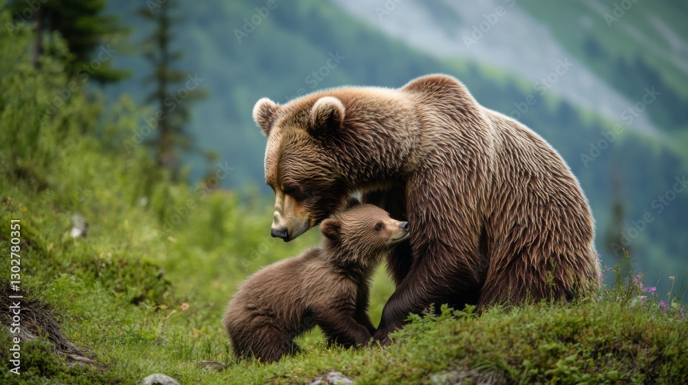 Obraz premium A heartwarming moment in nature. A mother bear nurtures her cub in a lush green landscape. This captivating scene showcases wildlife bonds. Generative AI