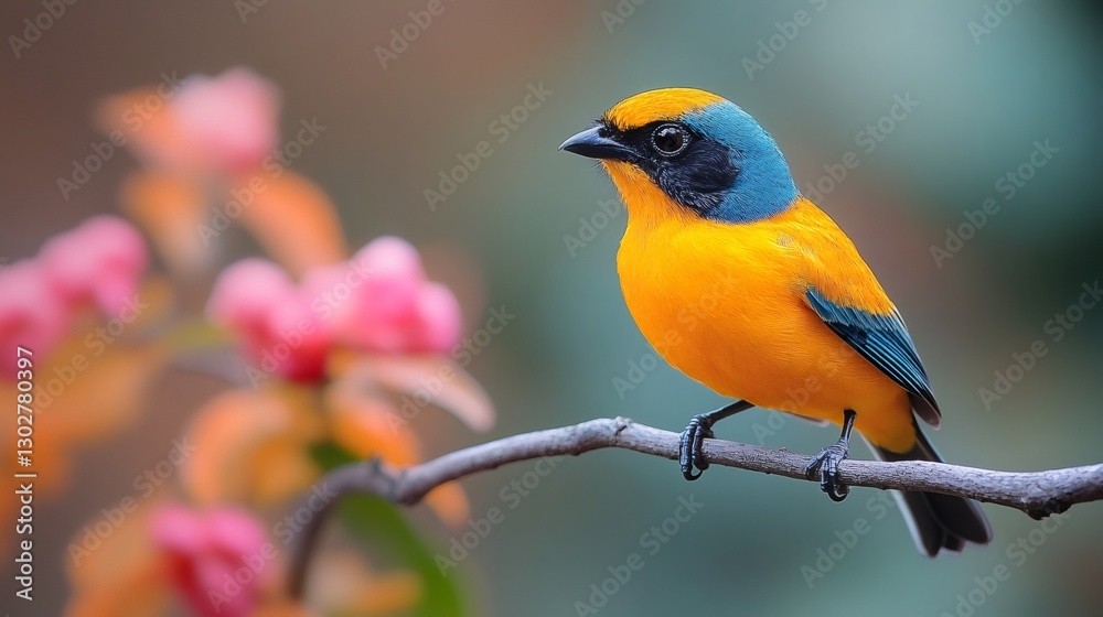 Obraz premium Blue winged mountain tanager perching on branch, tropical bird watching