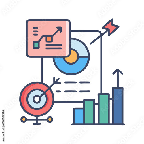 Visual representation of work goals with various metrics, graphs, and icons for business strategy and progress tracking