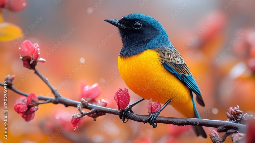 Fototapeta premium Narcissus flycatcher perched on flowering branch in rain