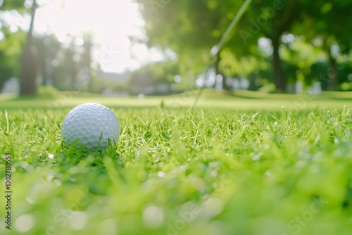 Golf ball on green grass, sunny day, putting photo