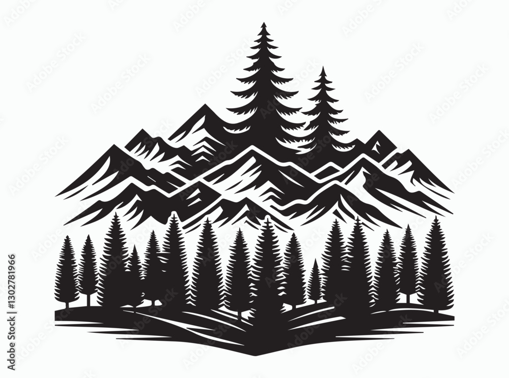 Obraz premium Pine Tree Silhouette in Majestic Mountain Landscape with Scenic Views and Natural Beauty