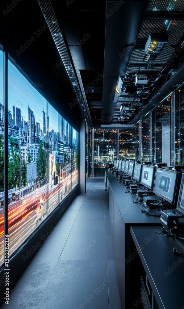 Modern control room with city view, monitoring traffic and urban activity Modern control room with city view, monitoring traffic and urban activity