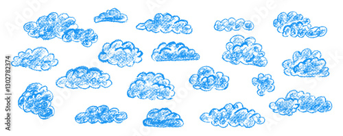 Set of abstract pencil clouds. Hand drawn cartoon cloudy sky. Vector illustration of collection of blue eddy on white background. Imitation of a child's drawing with pencils on blackboard.