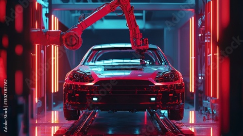 Automated assembly line constructing top car model frame photo
