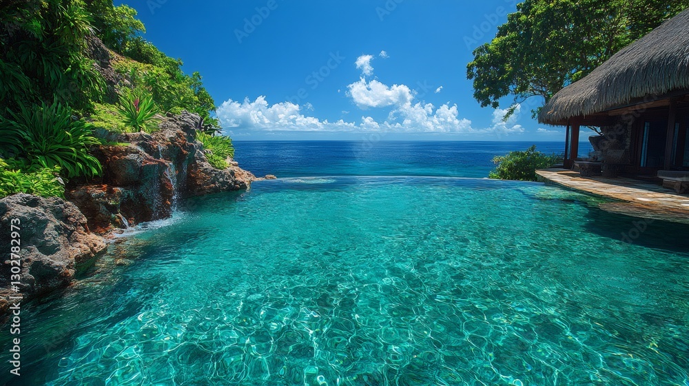 Obraz premium Infinity pool overlooking tropical ocean in luxury resort