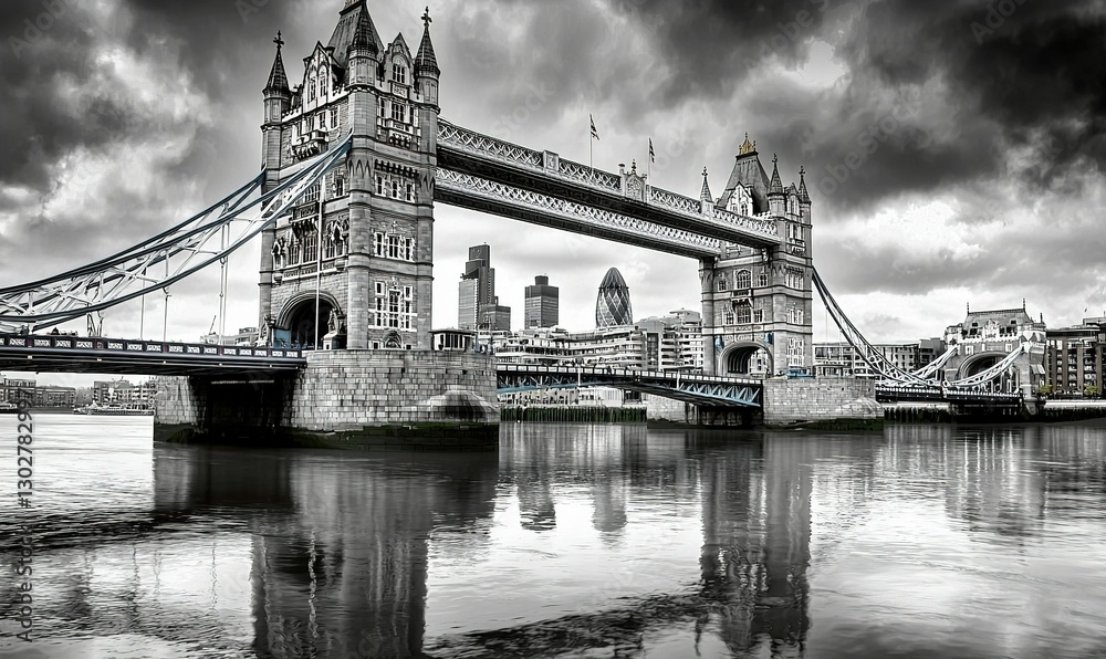 Obraz premium Monochrome Tower Bridge London cityscape reflection Thames river UK