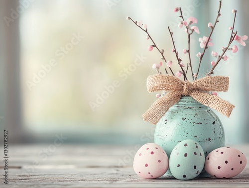 Vintage handmade rustic frame for Easter day. A pastel vase with branches and decorative eggs, creating a festive spring ambiance. photo