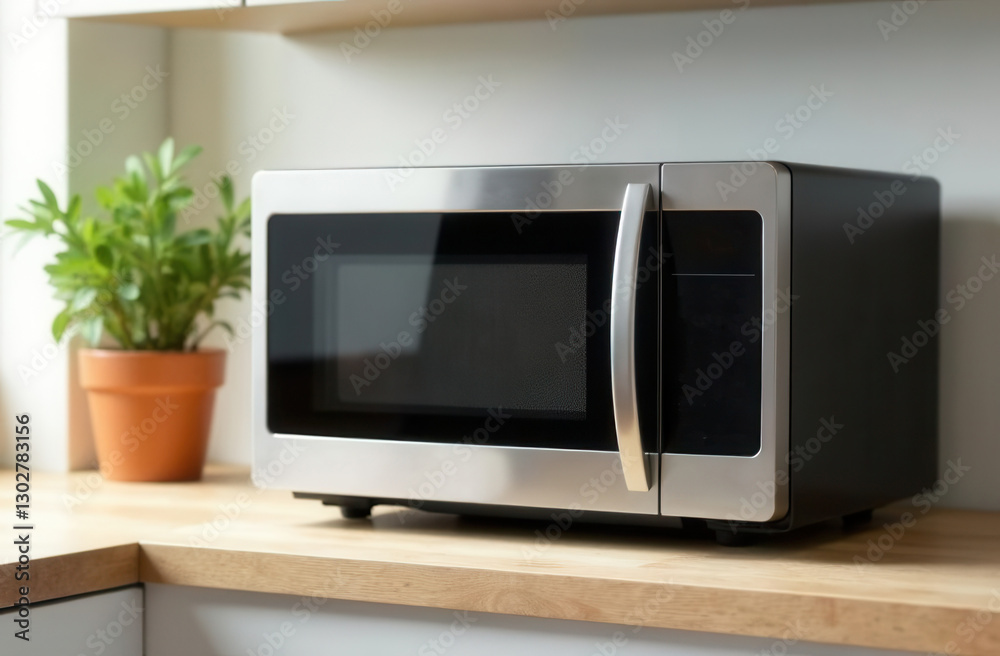 Fototapeta premium Modern kitchen interior with microwave on wooden countertop for home appliance display