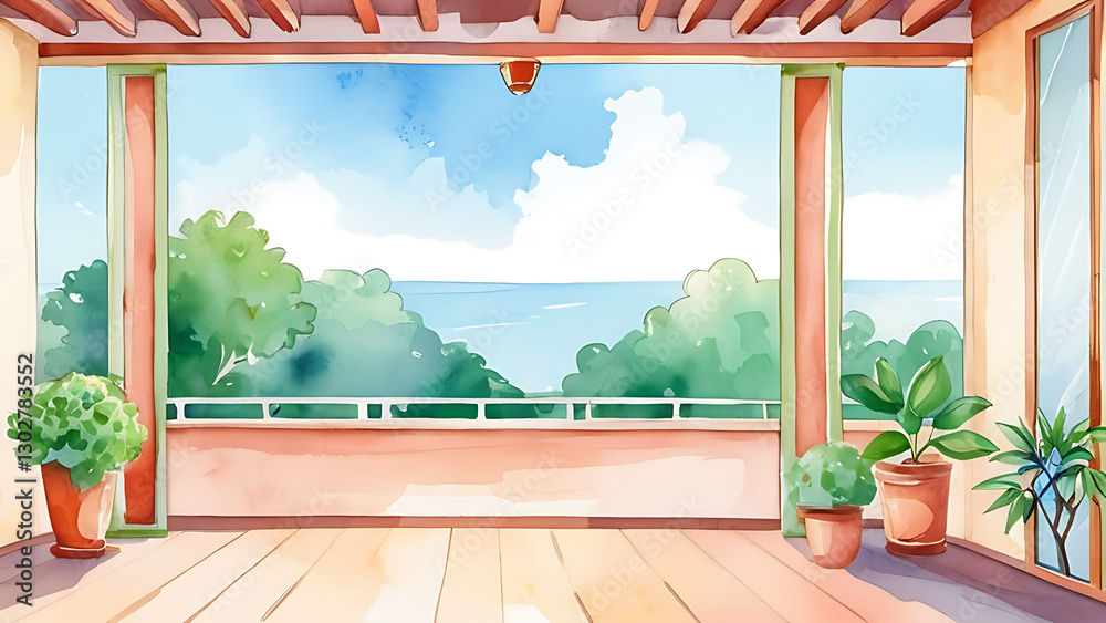 Fototapeta premium Watercolor Seaside Balcony View with Plants and Blue Sky Illustration