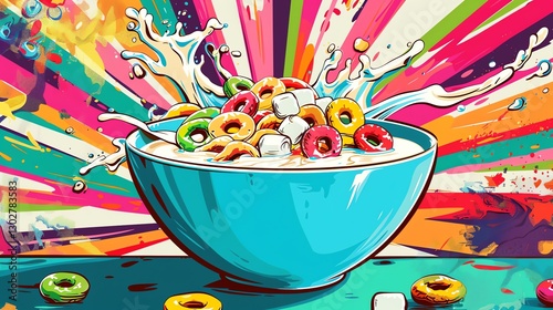 A colorful illustration of a bowl of cereal with milk splashing out.