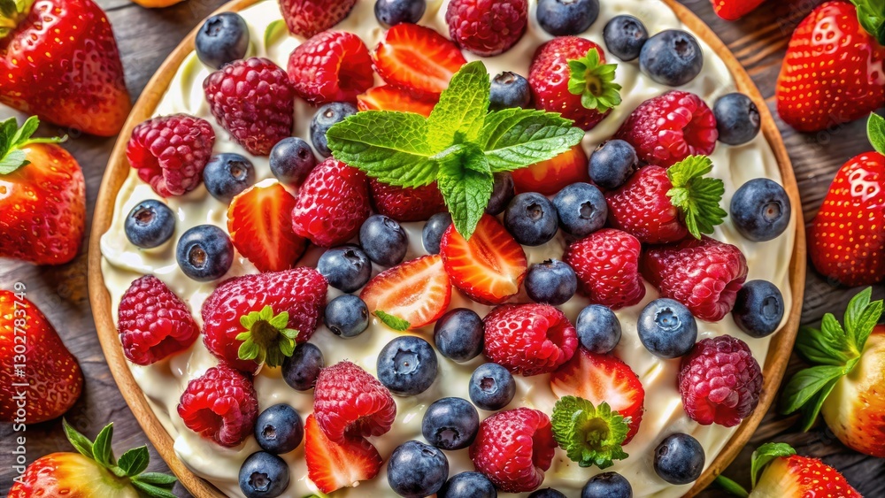 Obraz premium Stunning aerial view of a creamy strawberry dessert, bursting with fresh berries.