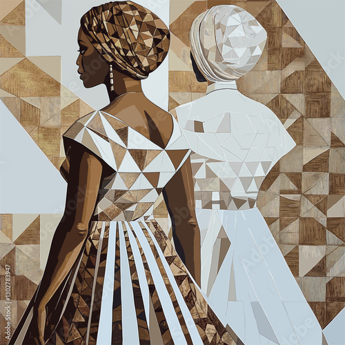An African painting of woman in long dresses with geometric patterns. One woman has her back turned to the viewer and is wearing an elegant headscarf, wear white and brown