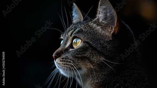 Closeup profile of a gray tabby cat with bright yellow eyes looking pensively pet fur dark cute head