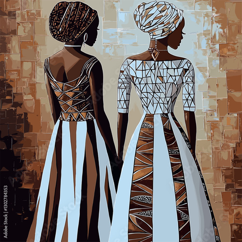 An African painting of woman in long dresses with geometric patterns. One woman has her back turned to the viewer and is wearing an elegant headscarf, wear white and brown