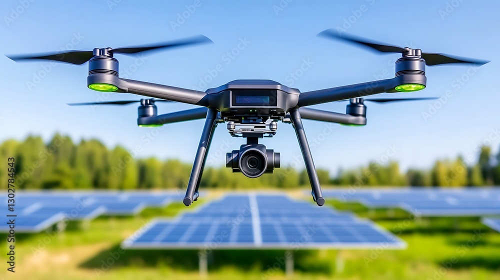 Drone with Camera Flying Over Solar Panel Farm Aerial Inspection Technology Drone with Camera Flying Over Solar Panel Farm Aerial Inspection Technology