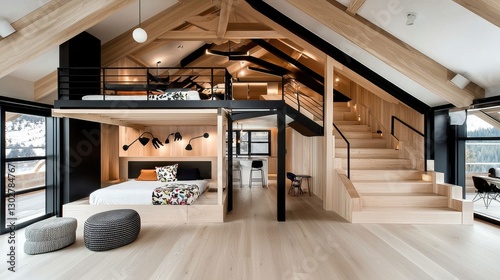 Modern wooden interior of a spacious loft with stylish design and cozy atmosphere