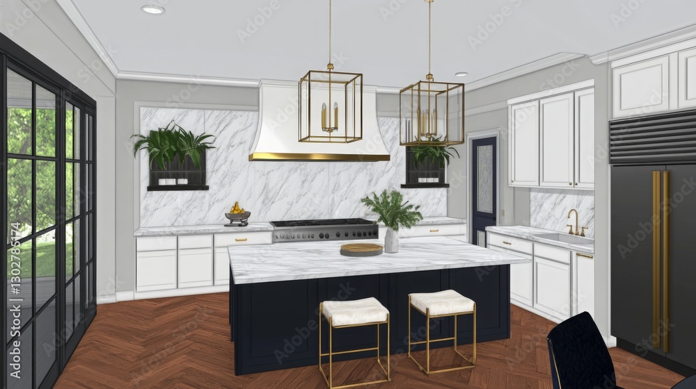 Fototapeta premium Modern kitchen interior design with marble countertops and elegant lighting fixtures at a stylish home