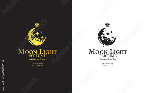 Moon Light Logo Perfume Brand with Uniques Style of Prefume Bottle in Shape of Crescent Moon Glowing Unique Vector Art
