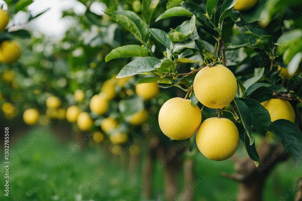 Lush lemon orchard with vibrant yellow lemons hanging from green leaves, showcasing a bountiful harvest in a serene, natural setting. Lush lemon orchard with vibrant yellow lemons hanging from green leaves, showcasing a bountiful harvest in a serene, natural setting.