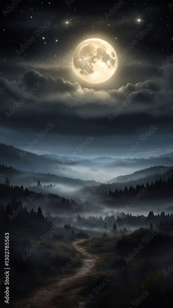 Fototapeta premium Fantasy landscape forest with beauty of starry night sky and full moon