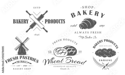 Wheat windmill logo isolated on white background. Vintage rolling pins bakery label. Bun, bread and croissant outline emblem.  Bakery hand drawn template logos set. Vector illustration