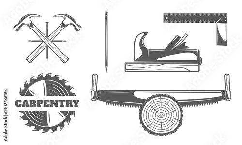 Carpentry icon set isolated on white background. Carpenter  work tool elements: wood, blade, saw, hammer. Vector illustration