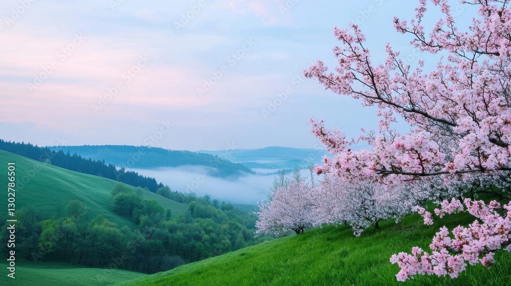 A serene landscape featuring blooming cherry blossoms against rolling hills and misty valleys, creating a tranquil and picturesque scene. A serene landscape featuring blooming cherry blossoms against rolling hills and misty valleys, creating a tranquil and picturesque scene.