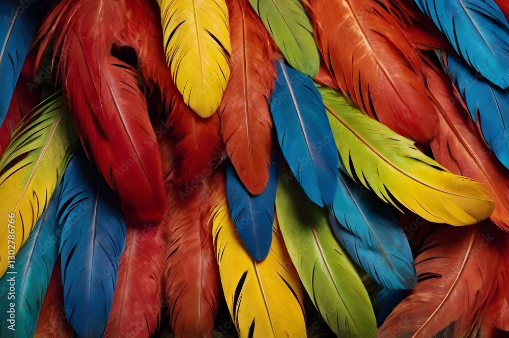 Obraz premium Vibrant multicolored feathers in red, yellow, blue, and green, creating a stunning tropical texture.