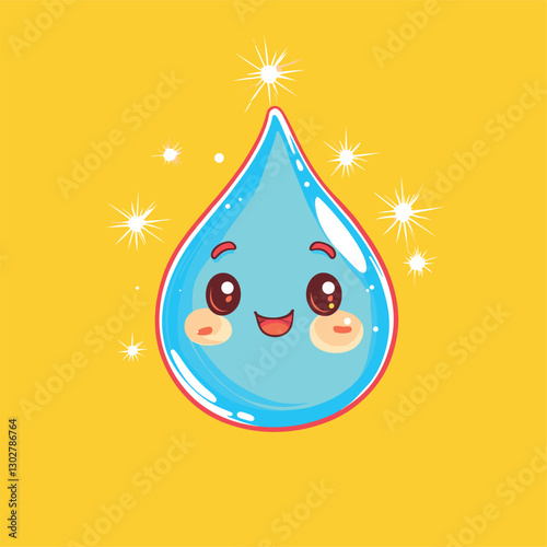 Cartoon little water drop cute expression, flat composition, bright lighting, detailed depiction, vivid expression, creative design, cartoon style, bright colors, flat design