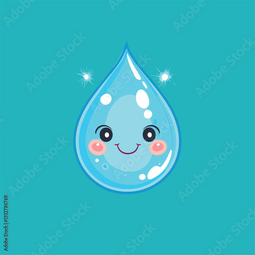 Cartoon little water drop cute expression, flat composition, bright lighting, detailed depiction, vivid expression, creative design, cartoon style, bright colors, flat design