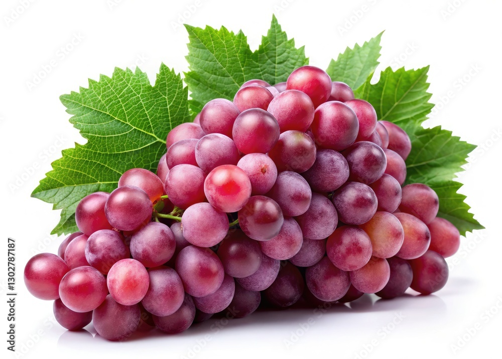 Fototapeta premium Vibrant ripe red grapes, leaves included, cleanly isolated against a bright white backdrop.
